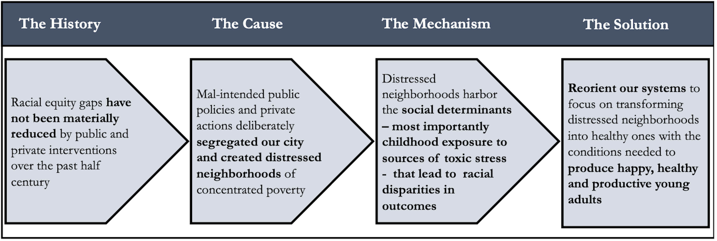 A graphic showing the history, cause, mechanism, and solution to address racial and economic equity gaps